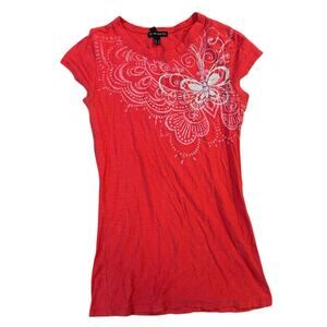 Y2K Fang Graphic Baby Tee Womens Medium Red Silver Butterfly Sequins Mallcore